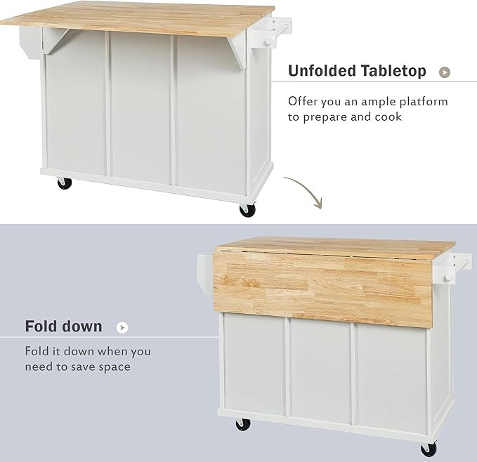 Kitchen Island Cart with Drop-Leaf Cabinet Door Internal Storage Rack 5 Wheels 3 Drawers for Kitchen, Dining Room, Bathroom 53.1" W*29.5" D*37.2" H White