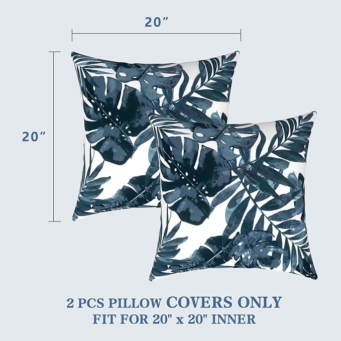 LVTXIII Outdoor Throw Pillow Covers 20 x 20 Inch, Covers ONLY Modern Cute Pattern Decorative Square Toss Pillow Case Pack of 2 for Home Patio Garden Sofa Bed Furniture, Palm Blue