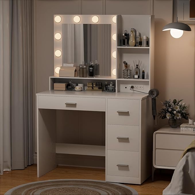 YESHOMY Vanity Desk with Mirror, Power Outlet and 10 Lights, Makeup Table with 4 Drawers, 3 Color Modes Available for Bedroom, White, 39.3x17.7x58.8 inch