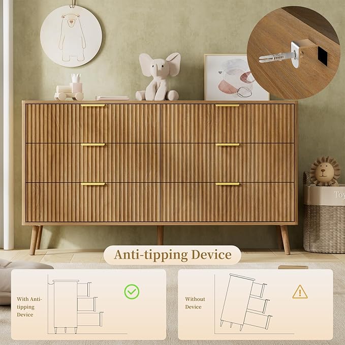 LYNSOM 55" Wide Fluted Dresser for Bedroom with 6 Drawer, Modern Chest of Drawers with Curved Profile Design and Metal Handles, Wood Dresser TV Stand & Storage Organizer for Living Room, Natural Oak