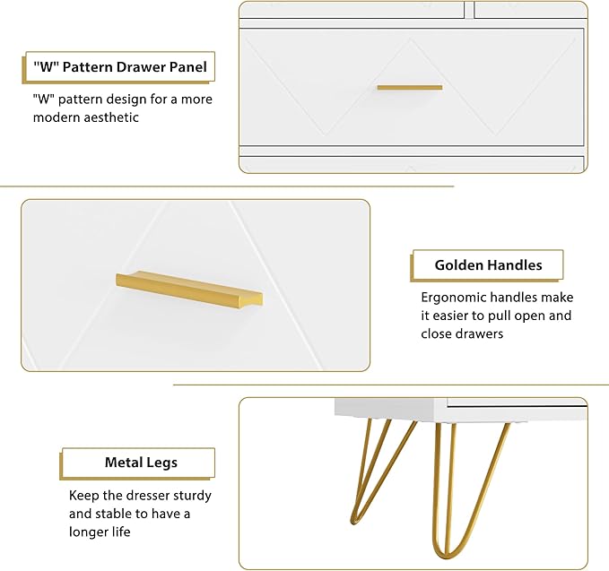 White Dresser for Bedroom, 7 Drawer Dresser with Golden Handles, Wood Modern Chest for Hallway, Entryway