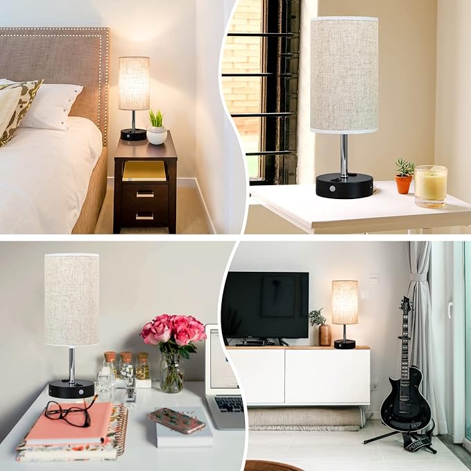Table Lamp with Motion Sensor and Constant on Mode, USB Lamp Include Warm White Bulb, Built in USB Port & AC Outlet, Bedside Lamp Idea for Bedroom Retro Cream