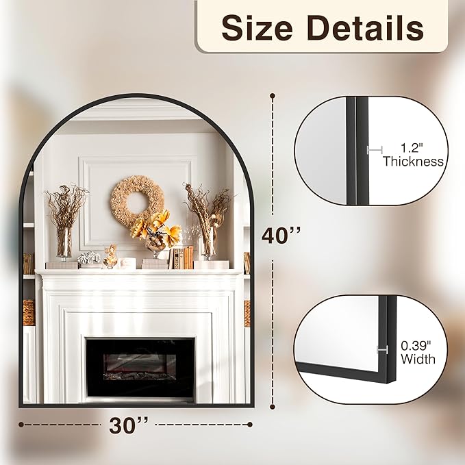 FICTOR Bathroom Vanity Mirror for Wall,40”x30” Large Arched Metal Framed Bathroom Mirror for Over Sink,Entryway, Living Room,Bedroom(Black)