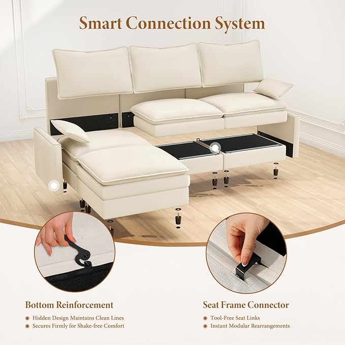 Vesgantti Large Modular Sectional Sofa, Big Comfy Cloud Couch with Ottoman Deep Seat Chenille Cloud Sofa, 8 Seater Large Sectional Couches for Living Room, Bedroom and Apartment, Beige