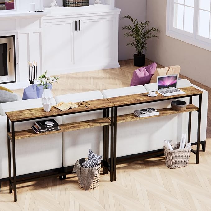 Narrow Console Table, 39.4” Sofa Table with Adjustable Shelf, 2-Tier Long Skinny Table for Hallway, Entryway, Living Room, Foyer, Rustic Brown