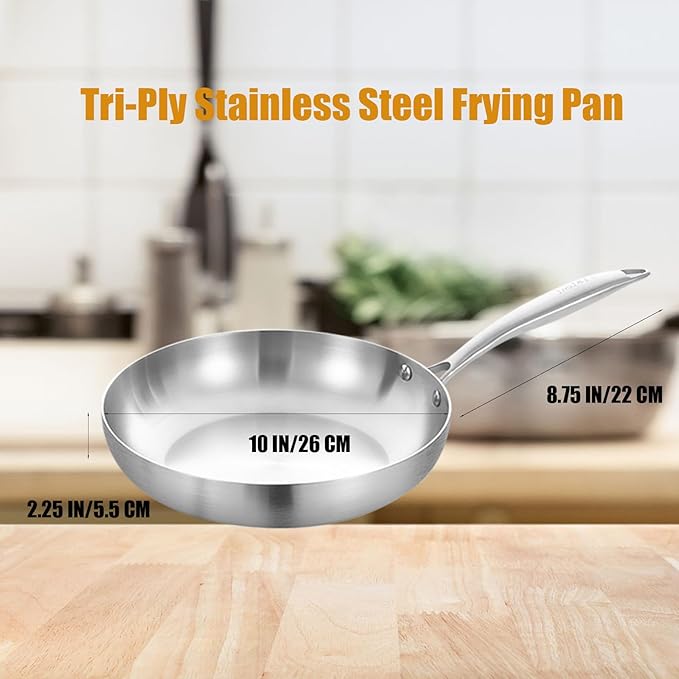 Inqibee 10 Inch Tri-Ply Stainless Steel Frying Pan,Skillet,Stir-Fry Induction Cooking Pan,Dishwasher and Oven Safe,Riveted Handle