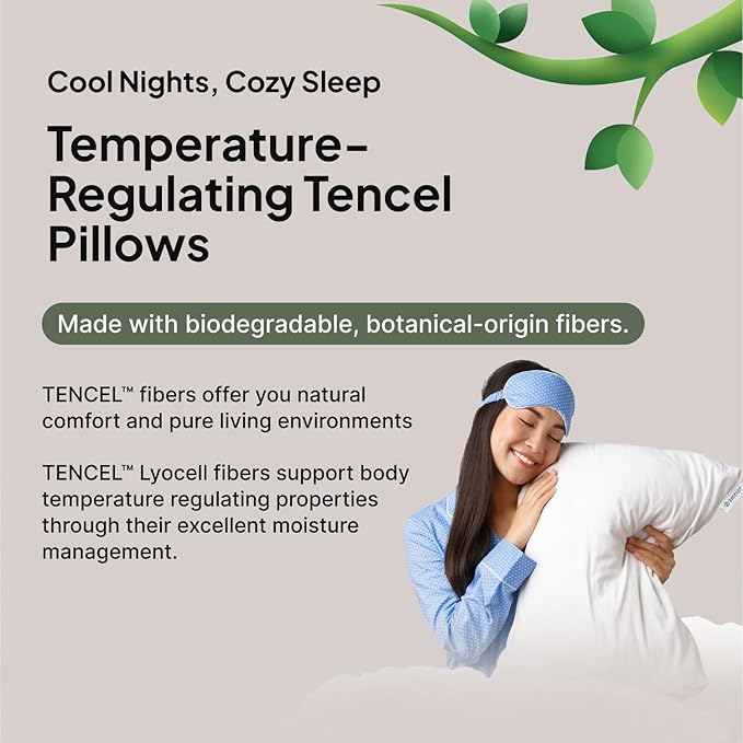100% Tencel™ Lyocell Pillow & Pillowcase Set, Organic, Non Toxic, Hypoallergenic, Moisture-Wicking, Fluffy Pillows for Bed, Eucalyptus Fiber Cooling, Soft, 700 Fill Power - Standard - 20X26