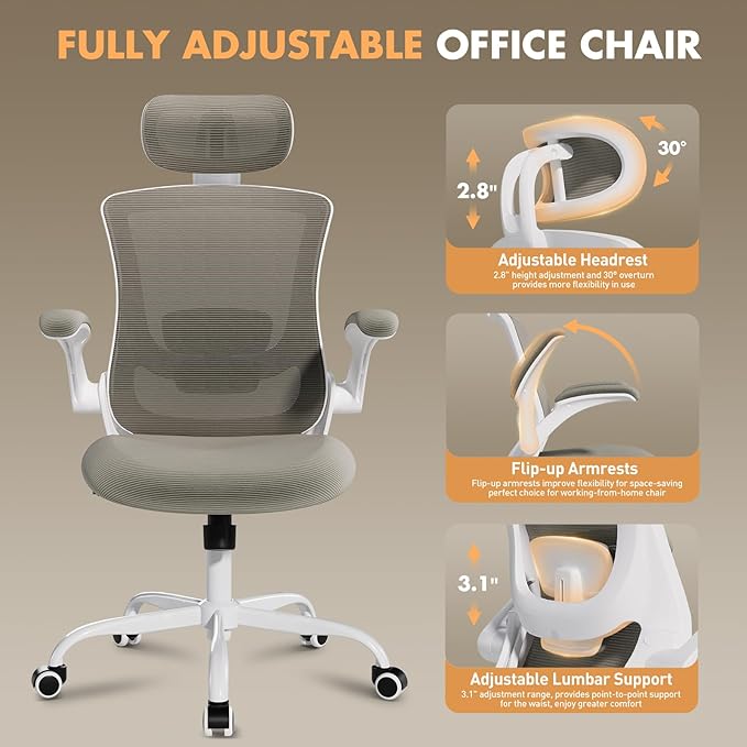 High Back Office Chair with Adjustable Lumbar Support & Headrest, Ergonomic Mesh Desk Chair with Flip-Up Armrests, Breathable & Comfortable Computer Chair for Home, Office & Study, Khaki
