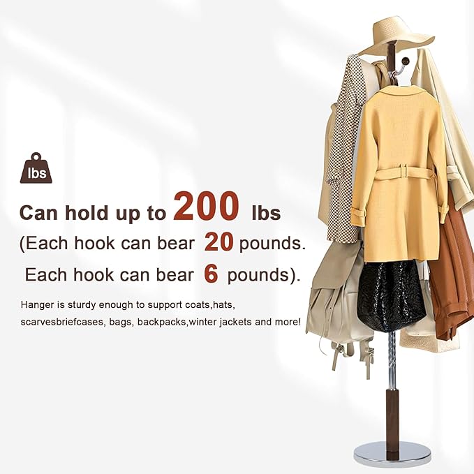 Coat Racks Freestanding, Natural Wood Coat Stands with 6 Hooks, 68" Heavy Duty Adjustable Height Vintage Hall Tree for Entryway, Bedroom, Office, Easy Assembly (Walnut Metal Hook)