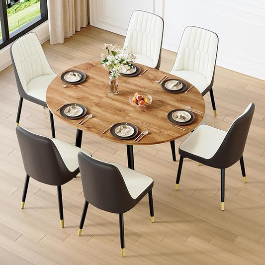 42"-54" Extendable Dining Table Set for 6, Oval Dining Table Set for 6, 0.73" Thick Wood Tabletop with Smooth Edge, Black Metal Leg with Non-Slip Footmat, 6 Soft PU Chairs, for Kitchen, Small Space