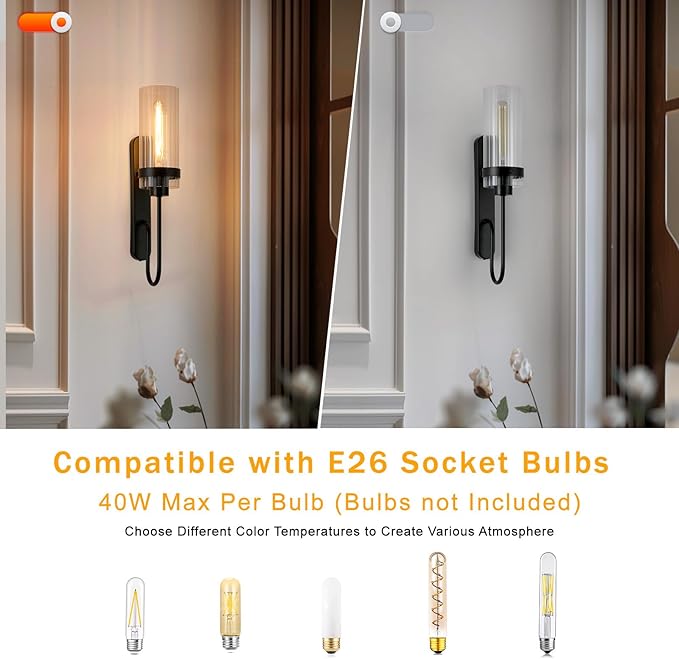 Bathroom Sconces Set of 2, Black Modern Vanity Lights with Clear Glass Shade, Indoor Farmhouse Wall Sconce for Living Room, Bedroom, Hallway, Stairwell and Kitchen