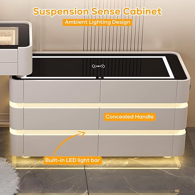 Makeup Vanity Desk, Modern Dressing Table Include LED Smart Round Mirror and Glass Countertop, Luxury Vanity Set with Makeup Chair, Side Cabinet with Drawers Storage and Ambient Light (White,40")