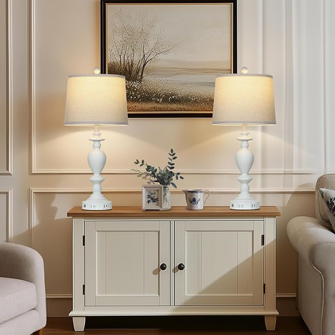 28" White Farmhouse Table Lamps Set of 2 with USB C+A Ports & AC Outlet for Vintage Living Room Rustic Bedroom,3-Way Dimmable Touch Lamp Retro Resin Bedside Lamps for Nightstand Side Table