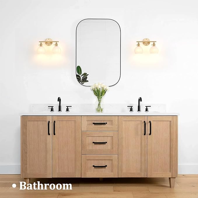 Bathroom Light Fixtures, 2-Light Brass Vanity Wall Light Over Mirror with White Tulip Glass Shade for Bedroom Living Room