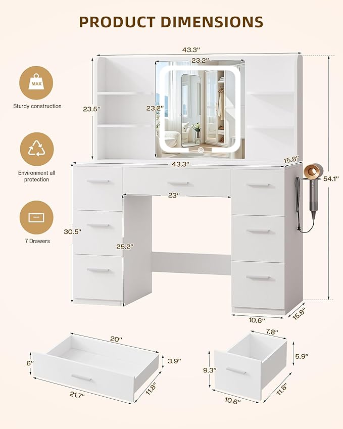 Large Makeup Vanity Desk, 43.3”W x 15.7“D x 53.2”H, White (Large Desktop, Samrt LED Mirror, 4 Open Shelves, 7 Drawers, Hairdryer Rack, Power-Outlet)