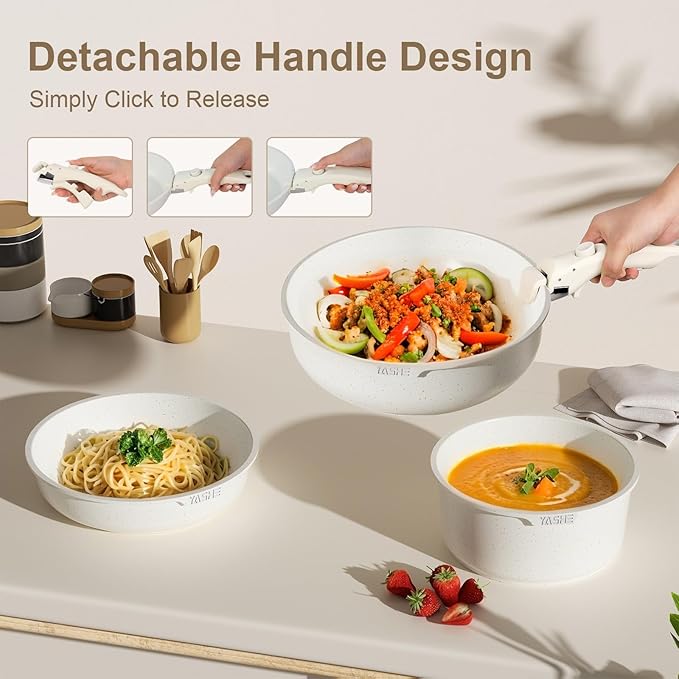 YASHE 13-Piece Pots and Pans Set, Nonstick Granite Cookware Set, Detachable Handle Pots and Pans, PFAS and PFOA-Free, Easy Clean Kitchen Cookware Set, Eco-friendly, Perfect for RV and kitchen use