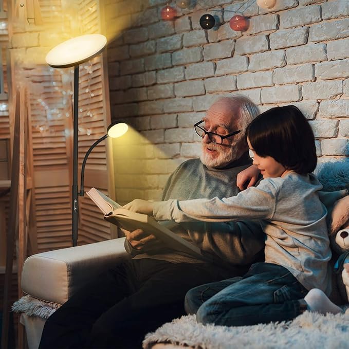 Led Floor Lamp Torchiere Floor Lamp with Adjustable Reading Lamp,2000lumens Main Light and 400lumens Side Reading Light for Living Room, Bedroom, Office, Work with Remote Control, Matte Black