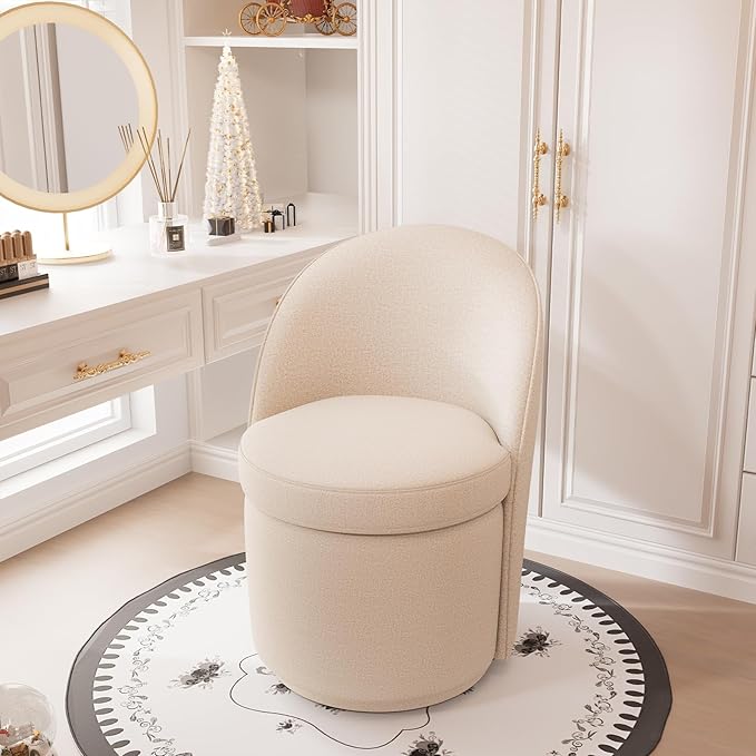 YOUNIKE Vanity Bench Boucle Fabric Oatmeal Solid Wood Swivel Accent Chair with Backrest Easy Assembly Dressing Stool for Bedroom & Makeup Room