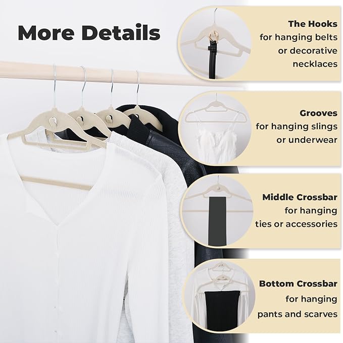 Ivory Velvet Hangers 50 Pack, Felt Covered Non Slip Fabric with Stackable Cascading Hook, Ultra Thin and Space Saving with 360° Swivel Neck, 15Lbs Capacity for Clothes, Suit, Shirt, Coat