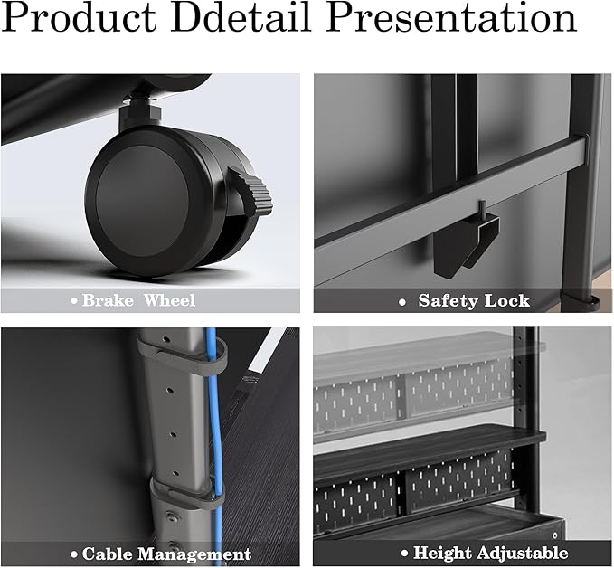 FITUEYES Rolling TV Stand Mount for 70 to 100 Large TV Screens，Mobile TV Floor Stand on Wheels with Ample Storage Pegboard & Wooden Shelf, Rolling TV Cart Hold up to 176 lbs, Max VESA 850 x 600