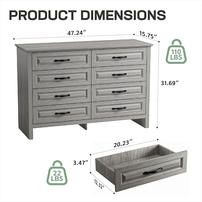 Amada Farmhouse 8 Drawer Dresser for Bedroom, 47.2 Inch Wide Wood Dresser with Natural Texture, Large Drawers, Rustic Farmhouse Chest of Drawers for Bedroom, Living Room, Hallway, Gray
