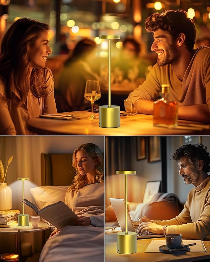 Cordless Table Lamps Rechargeable, Portable LED Desk Lamp, 5000mAh Battery Powered Wireless Table Light - 3 Color Dimmable Lighting for Restaurant Dining Patio Outdoor Bedroom(Gold)