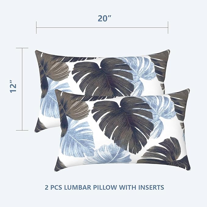 LVTXIII Set of 2 Patio Lumbar Pillows, 12”x20” Fade Resistant Outdoor Lumbar Pillow with Inners, Fluffy Decorative Garden Lumbar Cushions for Home Patio Coach Sofa Use, Monstera Blue