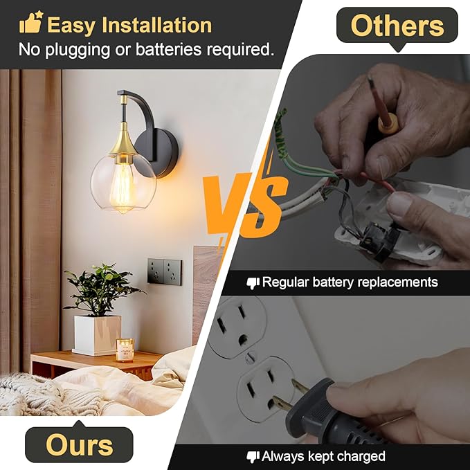 Black and Gold Wall Sconces Set of Two, Modern Wall Sconce Light with Clear Glass Shade,Indoor Wall Light Fixture Wall Lamps for Bedroom, Hallway, Bathroom