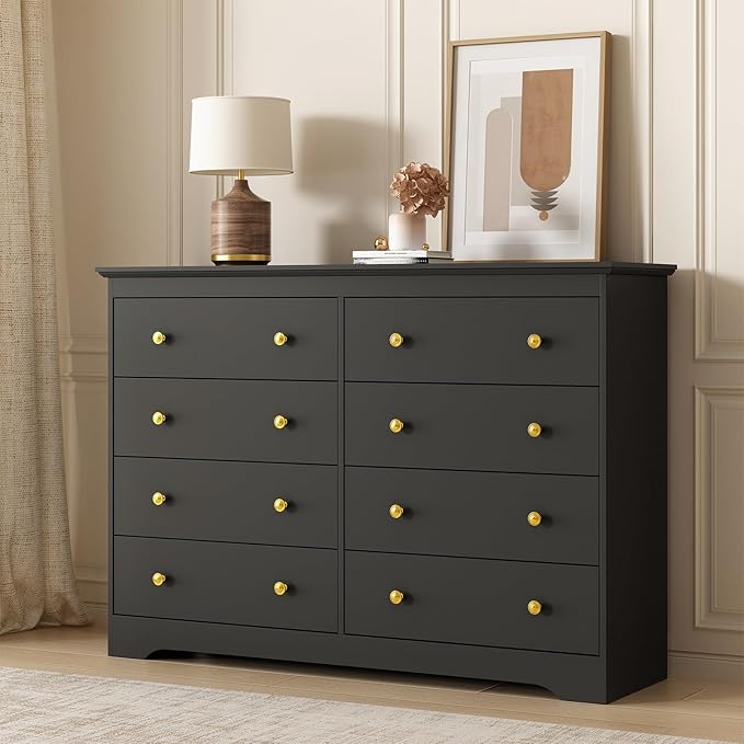 LYNSOM Modern 8 Drawer Dresser, 55.1" Wide Dressers & Chests of Drawers with Large Capacity Storage, Mid Century Black Dresser for Bedroom, Hallway, Black