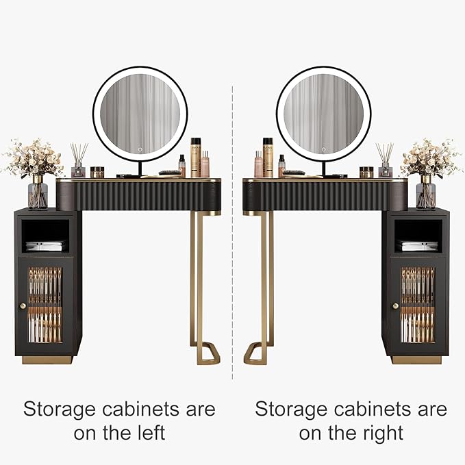 Lartis Makeup Vanity, Makeup Vanity with LED Makeup Mirror, Three Adjustable Light Levels, Tempered Teal Glass countertop