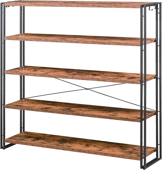 HCHQHS Bookshelf, 5-Tier Industrial Bookcase, Rustic Open Book Shelf, Freestanding Tall Bookshelves with Metal Frame
