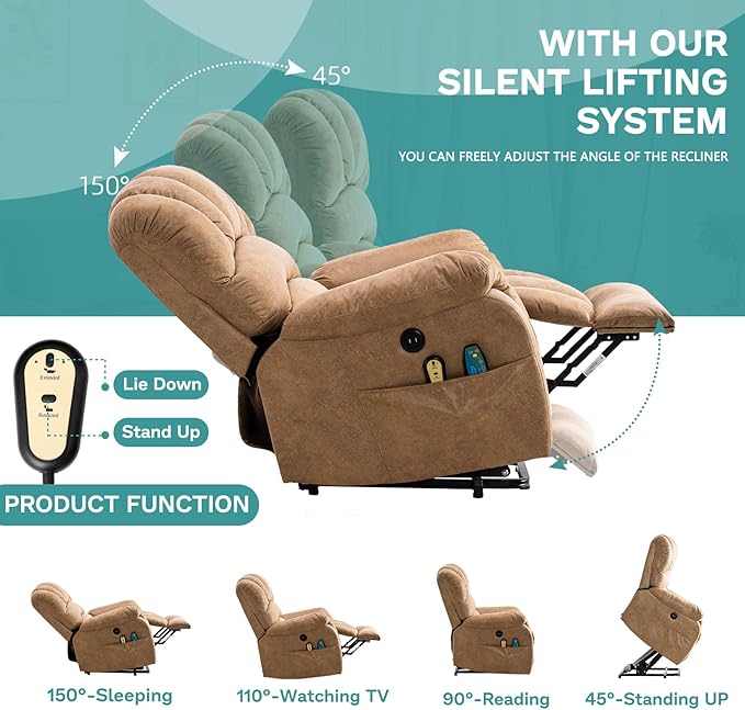 MEETWARM Large Power Lift Electric Recliner Chair, Overstuffed Wide Recliner with Massage and Heat for Elderly Big People, Heavy Duty Recliners with 2 Side Pockets, USB Ports, 2 Remote Controls(Sand)