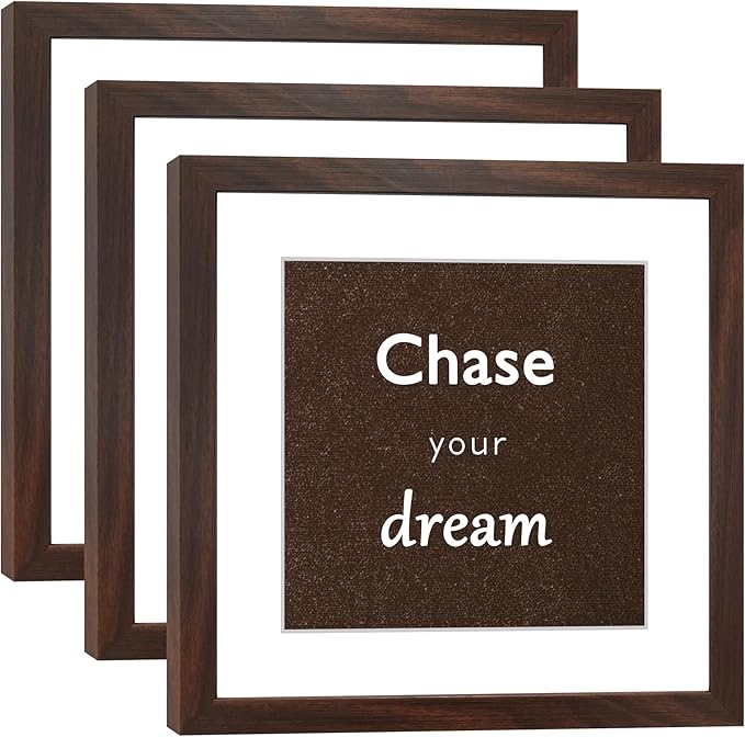 11x11 Picture Frame Set of 3 with Real Glass for Pictures 8x8 with Mat or 11x11 Without Mat, Wall Gallery or Tabletop display Photo Frames in Walnut