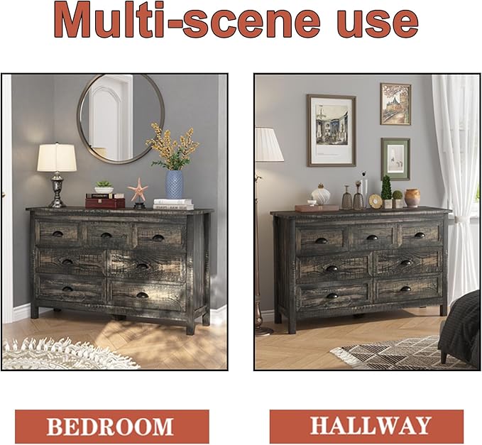Wananlanen® Farmhouse Dresser for Bedroom, Wooden Rustic 7 Drawer Dresser, Chest of Drawers for Bedroom