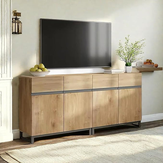 WAMPAT Modern TV Stand for TVs Up to 70 Inch, 2 in 1 Entertainment Center with Adjustable Shelves and Metal Base, Media Console for Living Room and Bedroom, Oak