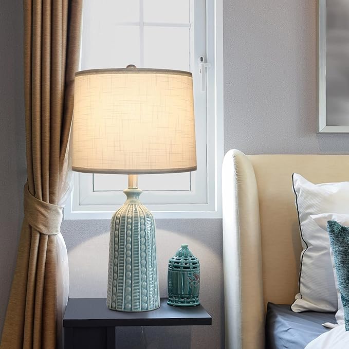 Green Ceramic Table Lamp 24.5": 3-Way Dimmable Nightstand Lamp with White Drum Lamp Shade | Modern Bedside Lamp for Bedrooms & Living Room (Bulb Included)