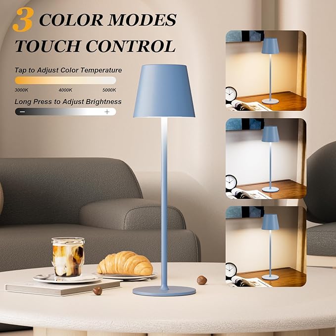 Kakanuo Cordless Table Lamp Rechargeable Blue - KK 2 Pack 5000mAH Battery Operated Lamp for Dining Table, 3 Color Stepless Dimming Wireless Lamp for Counter, Outdoor Patio, Touch Control