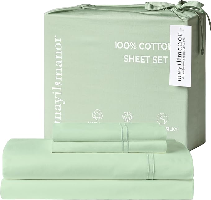 100% Natural Cotton Bed Sheets | 500 TC Single-Ply Sateen Weave Full Size Sheets | Soft, Breathable, Hypoallergenic Solid 4-Piece Bedding with Deep Pocket Fitted, Flat, Pillowcase | Sage