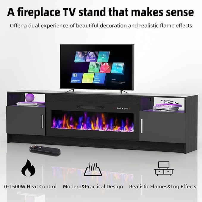 Ludatido 80 Inch TV Stand with 42 inch Electric Fireplace 27 Inch high LED Light Entertainment Center with 3 Open Storage compartments for TVs Up to 90" Black