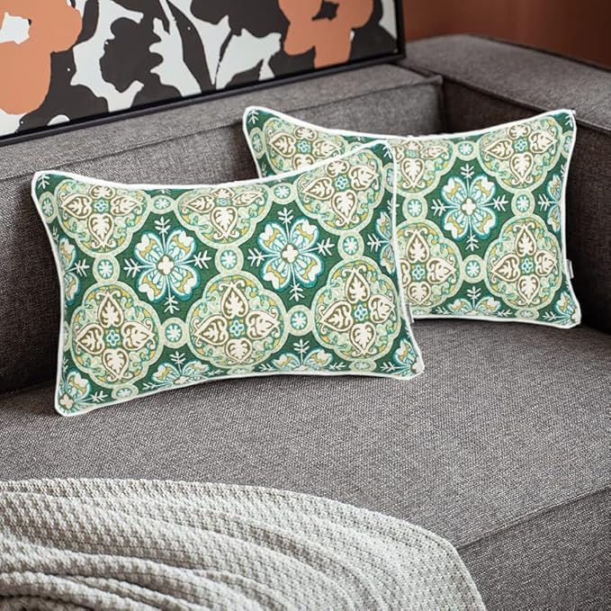 FUNHOME Set of 2 Patio Lumbar Pillows with Insert, 12”x20” Water-Repellent Fade Resistant Outdoor Lumbar Pillow, Decorative Garden All Weather Lumbar Cushions for Home Patio Coach Sofa Use-Green Medal