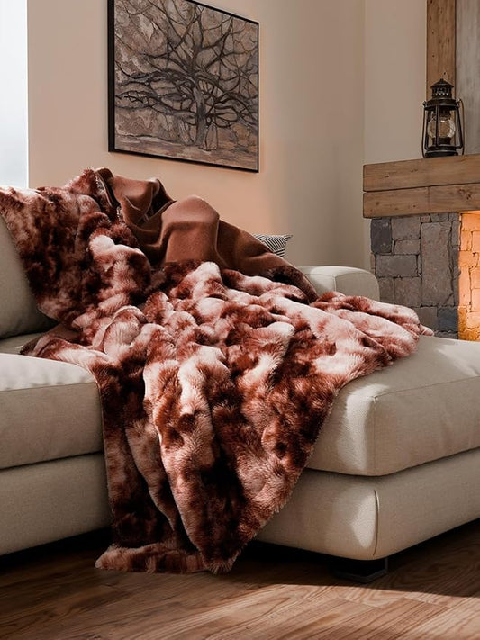 Fluffy Throw Blanket King Size - Faux Fur Throw for Couch or Bed - Plush Soft Extra Thick Faux Fur Rabbit Blanket - Comfy, Warm & Breathable - Luxury Minky Tie Dye Bedding - 90" x 108", Marble Brown