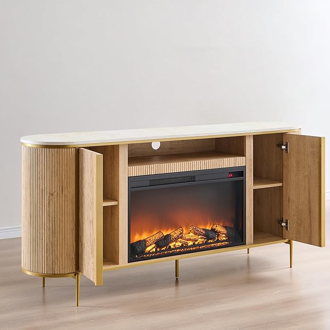 OKD Luxury 70" Fluted Fireplace TV Stand, Modern Chic Entertainment Center for TVs Up to 80 inches, TV Console with Faux Marble Top, Curved Profile Design, Media Console for Living Room, Natural Oak