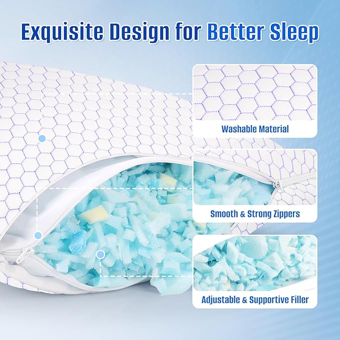Shredded Memory Foam Pillow for Sleeping, Cooling Bed Pillows Set of 2, Adjustable Pillows for Side, Back, Stomach Sleepers with Washable Pillowcase (King Size)