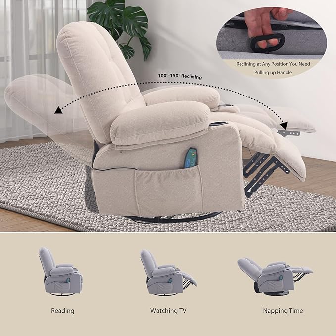 Massage Recliner Chairs for Adults, Rocker Recliners with Massage and Heat, Fabric Overstuffed Swivel Glider with Cup Holder Side Pocket, Manual Rocking Sofa Chair for Living Room, Beige
