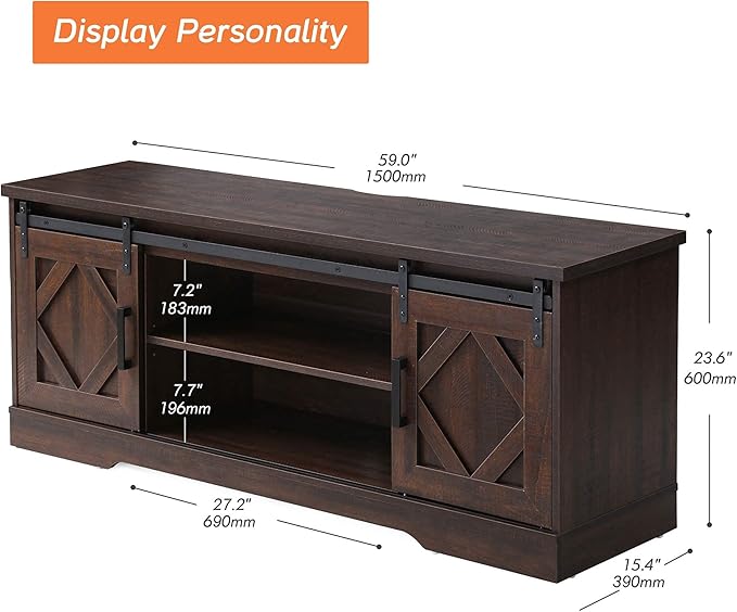 WAMPAT Modern Farmhouse TV Stand for TVs up to 65 inch with Sliding Barn Door,Wood Entertainment Center with Adjustable Media Storage Shelf for Living Room, Rustic Brown