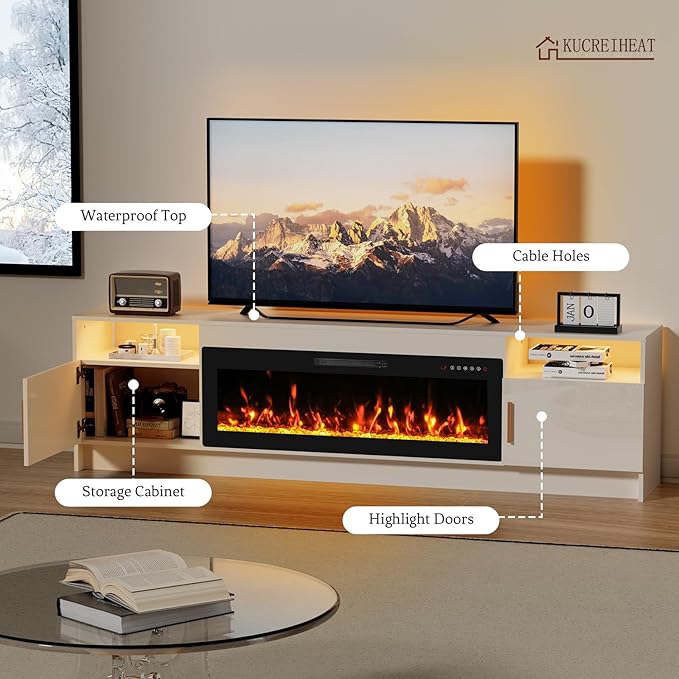 80'' TV Stand with 42''Fireplace-White Entertainment Center for 90 inch TV- TV Cabinet with LED Light, Storage, High Glossy Door, Modern TV Console for Living Room