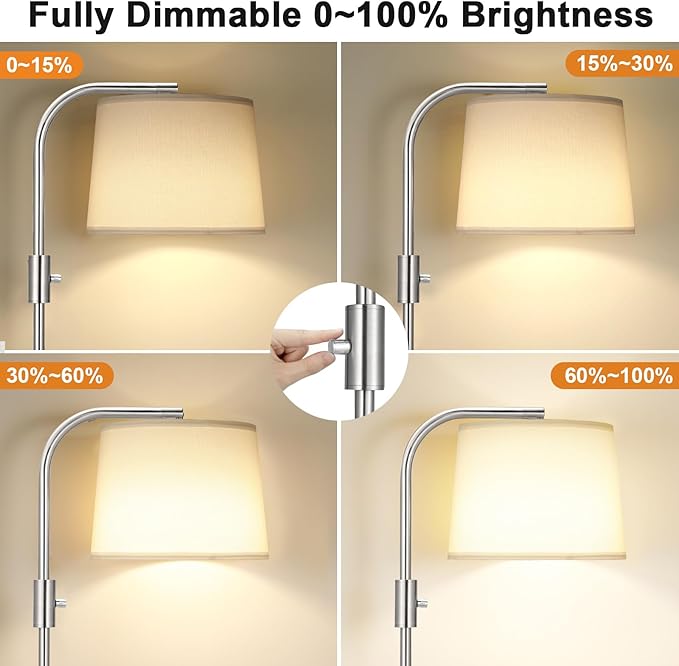 Ambimall 𝐅𝐮𝐥𝐥𝐲 𝐃𝐢𝐦𝐦𝐚𝐛𝐥𝐞 𝐅𝐥𝐨𝐨𝐫 𝐋𝐚𝐦𝐩 - Floor Lamps 9W LED Light Bulbs, Standing Lamps for Living Room, Modern Standing Light Tall Lamp (Sliver and White)