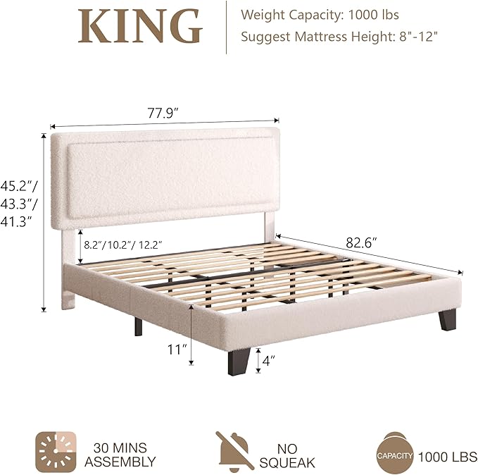 King Size Bed Frame and Headboard, Upholstered Platform Bed with Adjustable Headboard, Soft Boucle Fabric, Modern Style, No Box Spring Required, Easy Assembly, Off-White