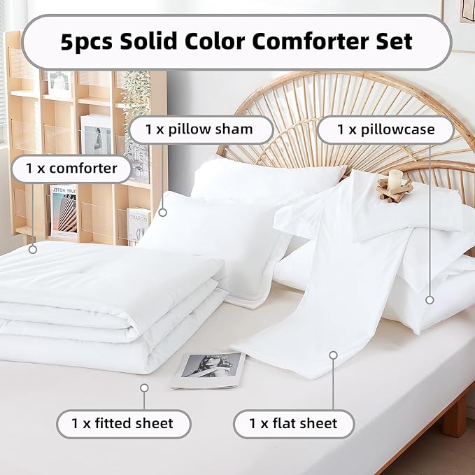 weigelia Twin Comforter Set 5 Pieces White Comforter Set for Women and Men Reversible Bedding Set Ultra Soft All Season（Comforters, Flat & Fitted Sheets, Pillowcases & Shams）
