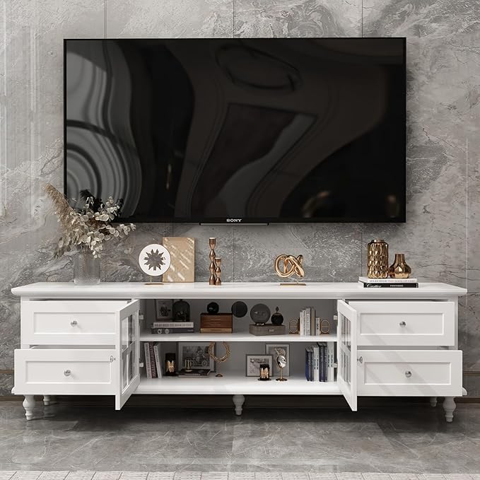 AIEGLE Mid-Century TV Stand for 75+ Inch TVs, 70.9" W Entertainment Center with Glass Doors, 4 Drawers & Cable Management, Media Console Cabinet, Light